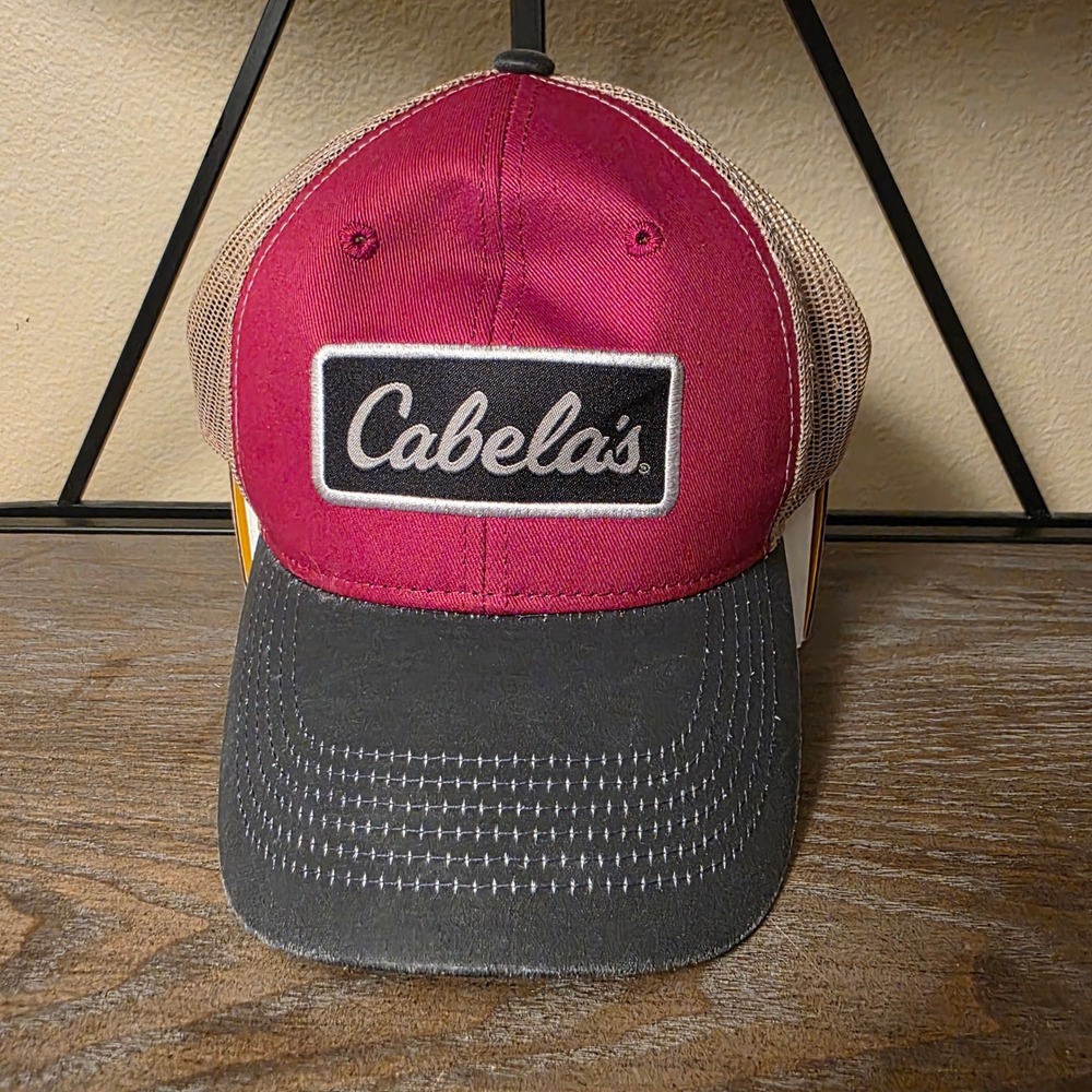 Cabelas Mens Maroon Gray Mesh Back Trucker Hat Cap‎ Adjustable Casual